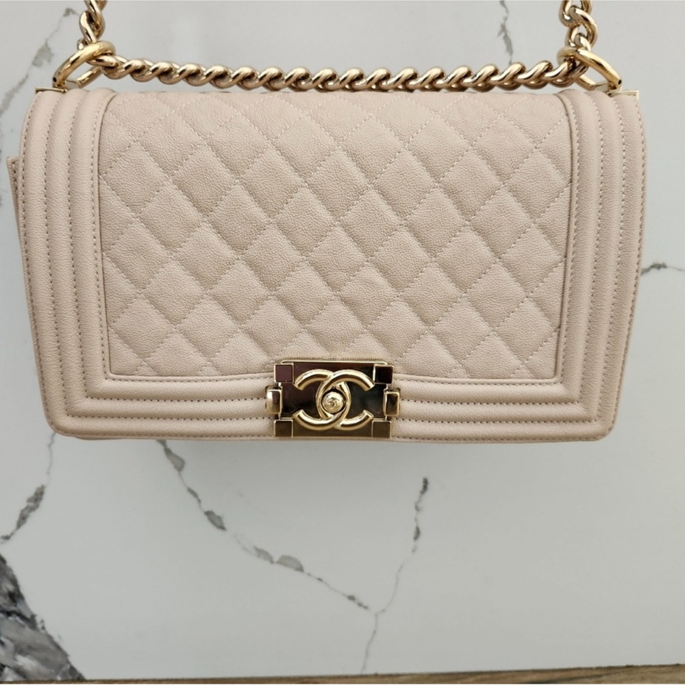 CHANEL Old Boy light beige guilted caviar medium bag